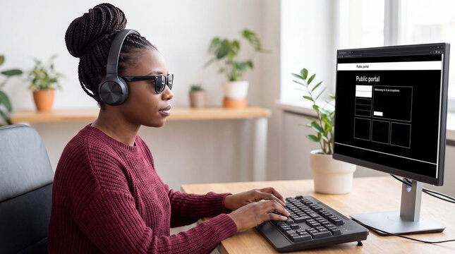 Visually impaired Black woman using a screen reader on a computer. Blind person accessing digital public services with headphones and sunglasses. Accessibility and inclusive design concept