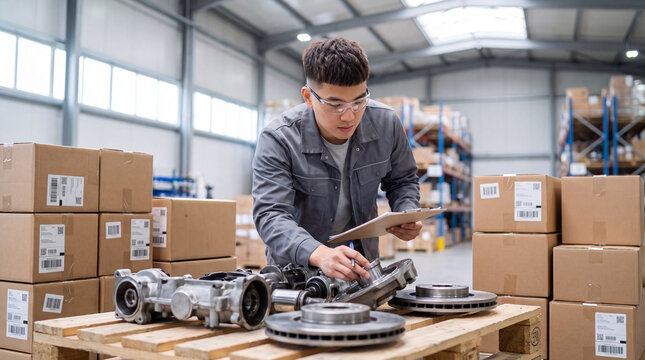Warehouse quality inspector checking automotive metal parts on a pallet. Industrial worker examining car components with clipboard. Auto manufacturing logistics and supply chain concept