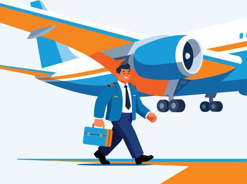 Pilot walking towards commercial airplane with briefcase