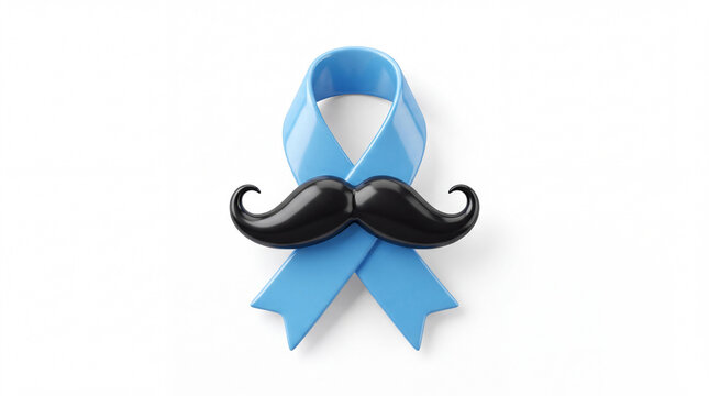 Blue awareness ribbon with a black mustache on a white background. Movember and prostate cancer awareness concept. Minimalist 3D render with copy space