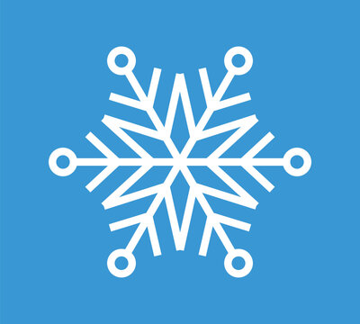 White geometric snowflake with circular branch tips and angular symmetrical lines on blue background, clean winter holiday symbol, vector illustration