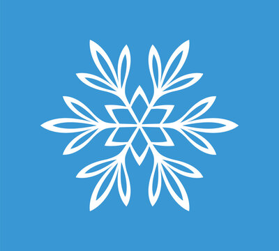 White floral geometric snowflake with leaf-shaped branches on blue background, elegant symmetrical winter holiday decoration, vector illustration