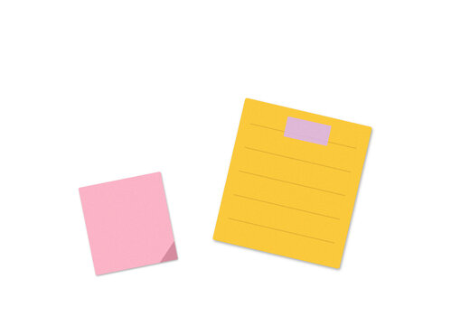 Pink square sticky note and yellow lined paper memo pad with a small purple marker sticker on top isolated on transparent background