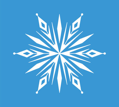 White ornamental snowflake with sharp geometric rays and diamond details on blue background, symmetrical winter holiday design, vector illustration