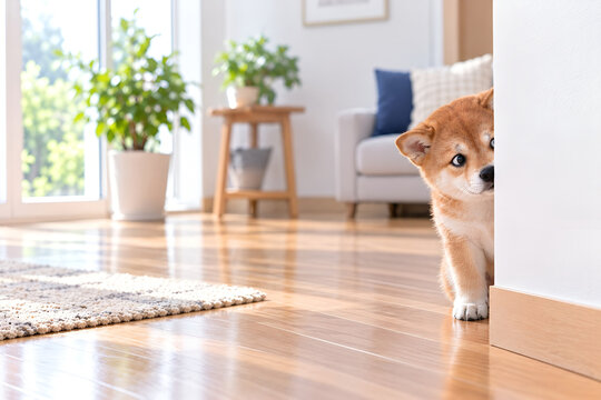 Curious Shiba Inu Puppy Peeking Around a Corner