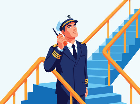 Pilot Standing on Stairs Holding Walkie Talkie