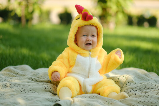 Cute baby in funny chicken costume sitting on green grass outdoors on sunny summer day
