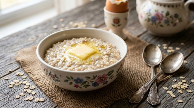 A warm bowl of creamy oatmeal with melting butter