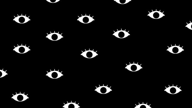 White Blinking Eyes Pattern Animation On Black Background. Repeated Eyes Symbol Open And Close In A Minimal Flat Animation. Stylized Pupils And Eyelashes. Vision, Awareness, And Sleep.