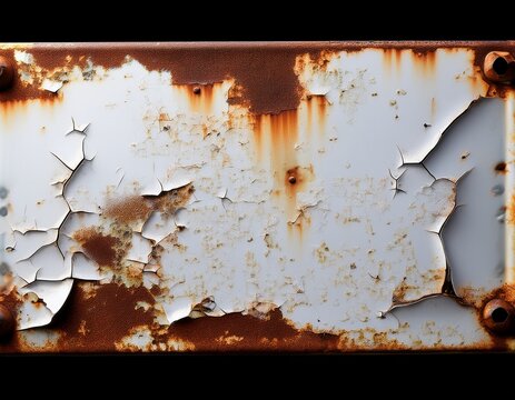 a close up of a heavily rusted and peeling white metal sign against a black background