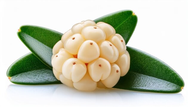 fresh white pineberries with green leaves