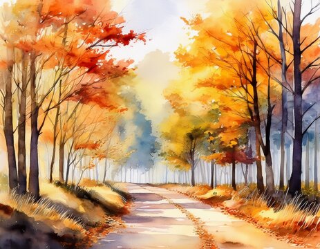 watercolor paining of fall forest path rural road with trees changing colors art concept ai