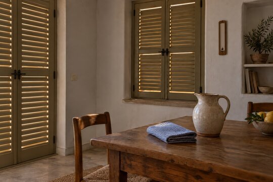 Sunlit Rustic Kitchen Interior with Wooden Table