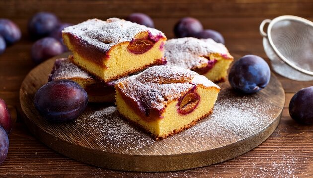 rustic plum cake slices dusted with powdered sugar on wooden surface