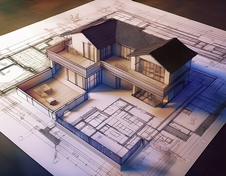 computer cad 3d rendering of a house plan mockup of house design in 3d cad drafting in revit or autocad ai