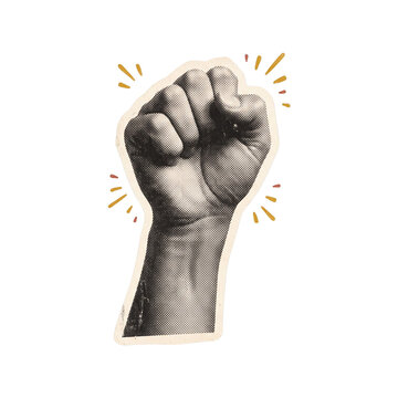 Halftone collage sticker of raised clenched fist power symbol perfect for protest rebellion strength and motivation designs