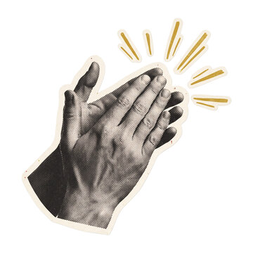 Clapping hands gesture with vintage halftone texture and golden sunburst rays ideal for awards or appreciative branding ads