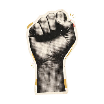Powerful raised fist symbol with retro halftone texture and gold accents for social justice protest or activism themed art
