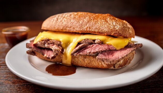 juicy roast beef sandwich with melted cheese served with a side of au jus hearty and comforting