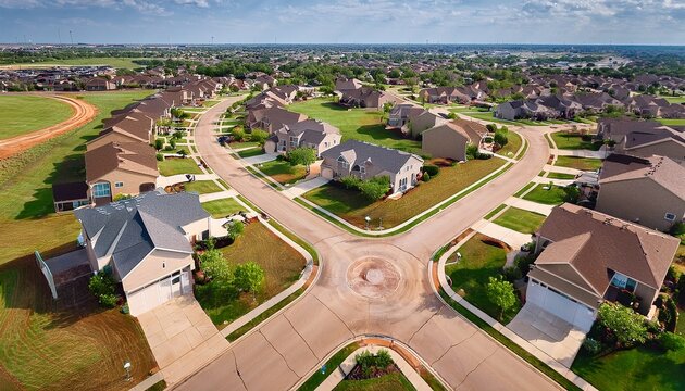 aerial view of suburban neighborhood in suburbs dallas texas usa aerial view of a cul de sac at a neighborhood road dead end with built homes