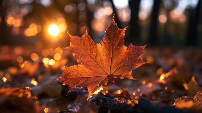 Fallen Maple Leaf on Ground at Sunset
