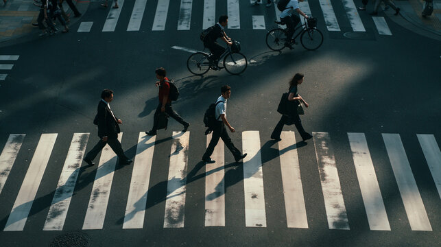 Pedestrians and Commuters Crossing City Street on Crosswalk