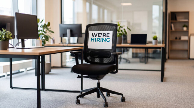 We're hiring sign on empty office chair representing open job position.