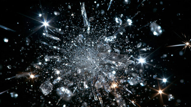 Exploding Shattered Glass with Flying Shards on Black Background