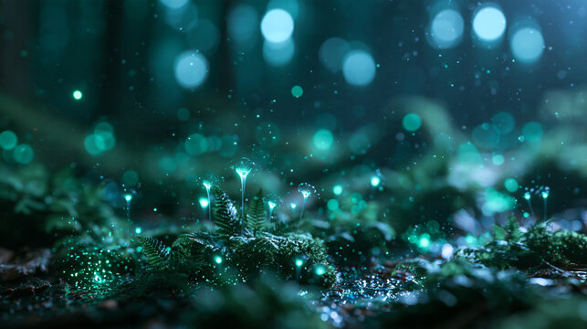 Bioluminescent Glowing Plants on Dark Forest Floor