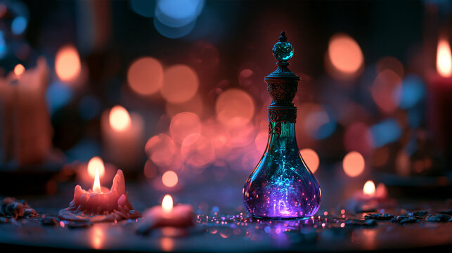 Magic Potion Bottle Glowing Surrounded by Candles