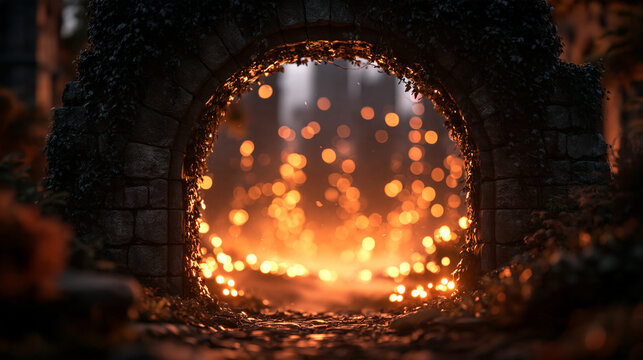 Mystical Stone Archway Portal with Glowing Golden Bokeh