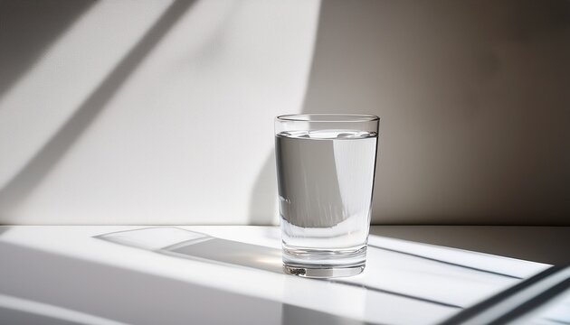 partial glass of water on a white table with soft window shadows clean hydration minimalist design calm lifestyle modern simplicity