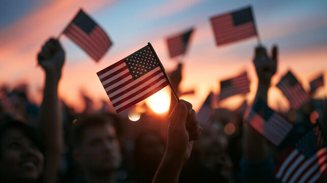 Crowd Waving American Flags at Sunset During Patriotic Rally