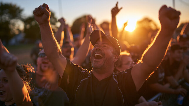 Excited Fan Cheering with Raised Arms at Outdoor Festival