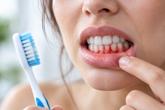 Young woman examining her red bleeding gums while holding a toothbrush
