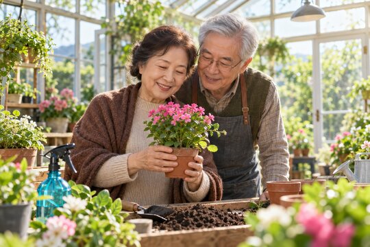 Happy senior elderly couple gardening together and looking at pink flowers in a home greenhouse.