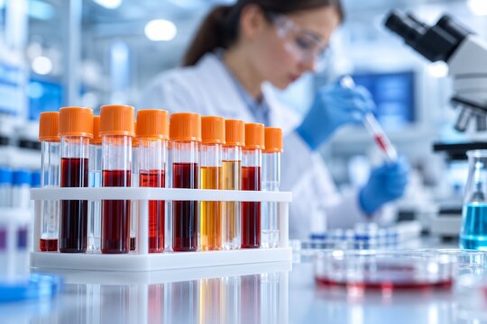 A scientist testing blood samples for biomarkers in a modern laboratory for mental health research.