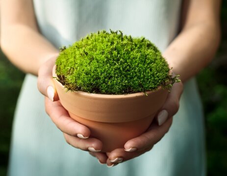 hand holding a flower pot with just moss growing crea