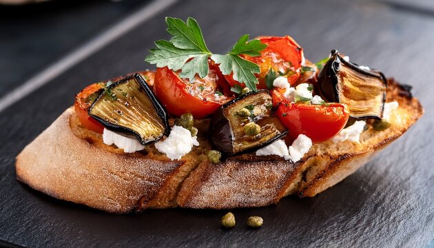gourmet toasted bruschetta featuring grilled eggplant tomatoes feta capers parsley