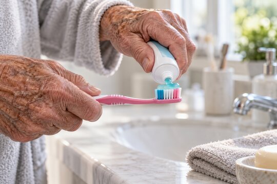 Close up view of an old man with wrinkled hands squeezing toothpaste onto a toothbrush.