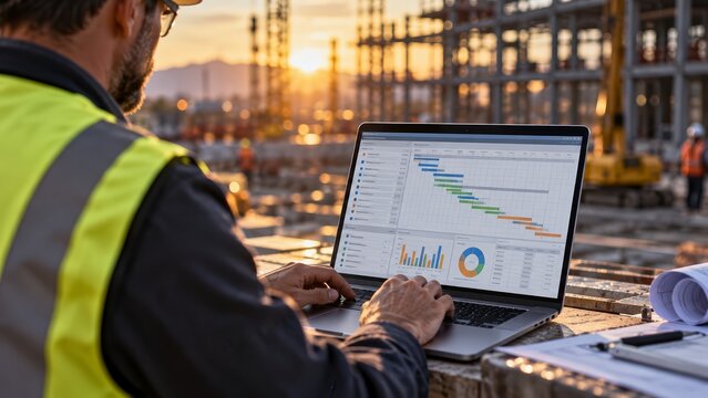 Project engineer using a laptop to manage construction plans and Gantt charts.