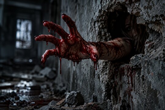 Horror scene featuring a woman's hand covered in blood reaching from a wall