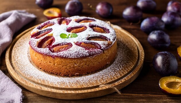 rustic plum cake dusted with powdered sugar on wooden surface