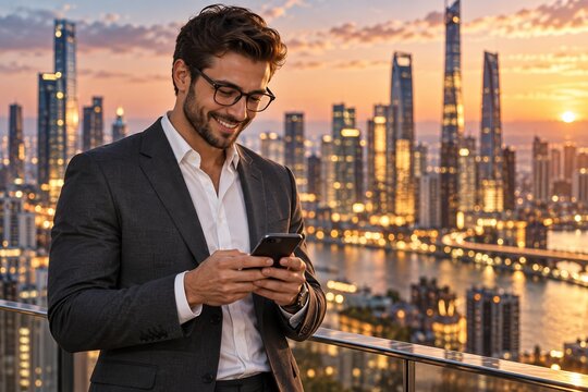 Young urban professional businessman using a smartphone while outdoors in the city.
