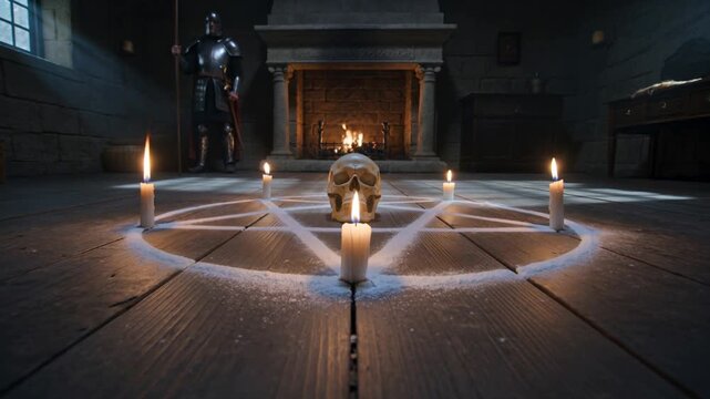 Creepy skull in middle of glowing pentagram with candles in medieval castle room