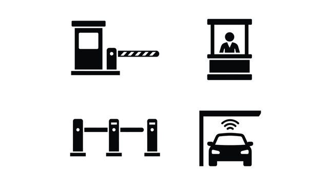 Black parking barrier icons showing automated gate systems with toll booth control in minimalist flat design