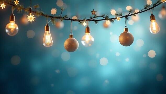 Glowing vintage light bulbs hanging on a string against a festive colorful blurred bokeh background
