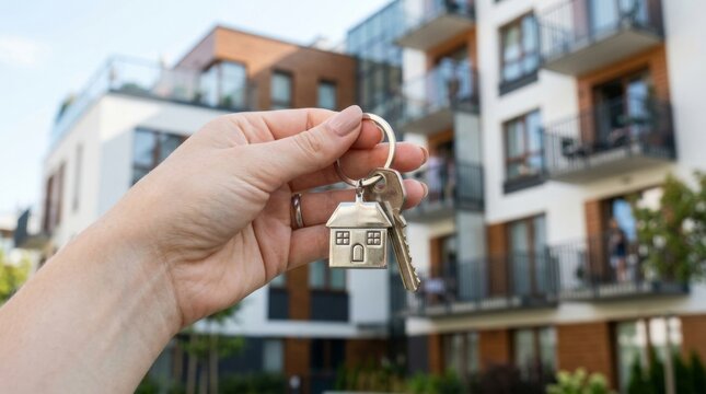 Hand holding house keys in front of modern apartments