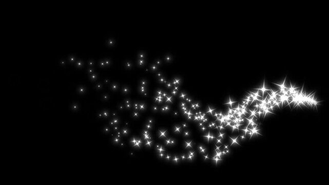 4k Luxury white glitter sparkles line trail, twinkling white glowing star black screen, glowing light effect, magic dust pixie dust path, star sparkle vector doodles, fast glowing star streaks