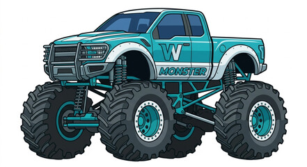 This vibrant vector illustration of a powerful monster truck features large rugged tires and bright turquoise paint, perfect for children's designs. © Hendri
